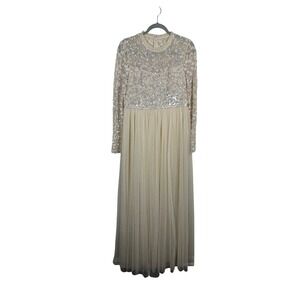Needle & Thread Tempest Maxi Dress 10 Beige Sequin Tulle Swiss Dot Long Sleeve